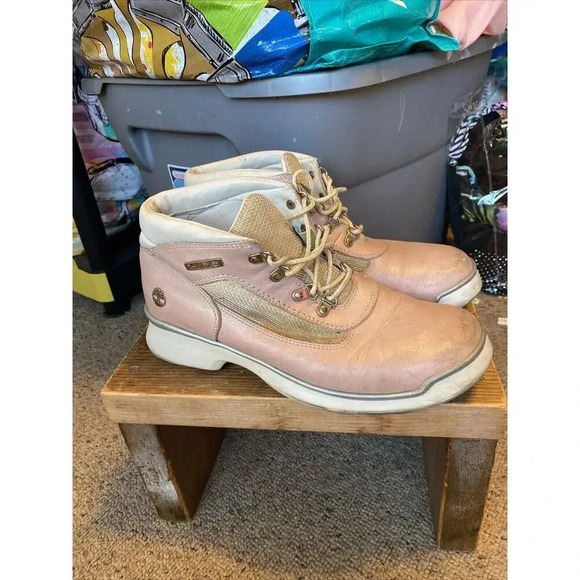 Timberland Hiking Field Boots Women 8.5 M Pink White Leather Barbiecore Mid Calf - Picture 10 of 11